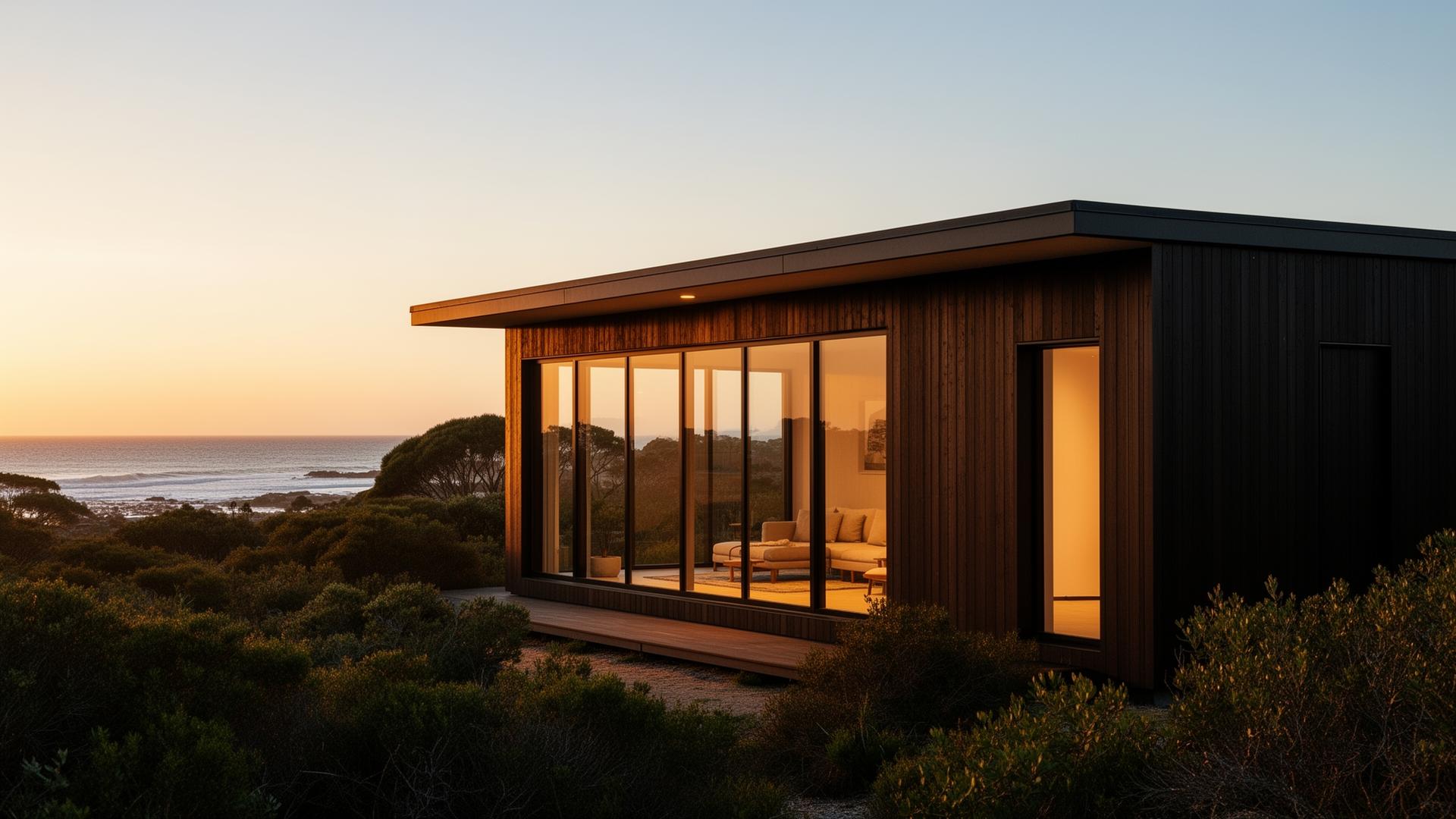 Modern modular home in Australian bushland at golden hour