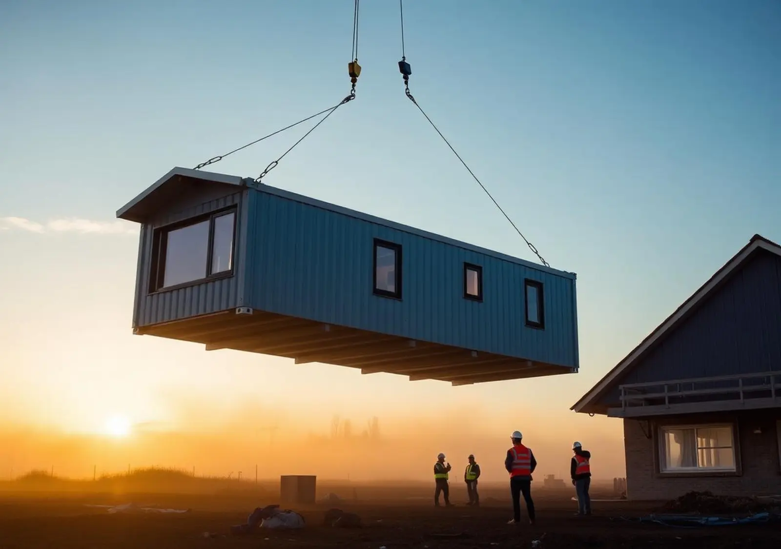 Modular home being installed at sunrise