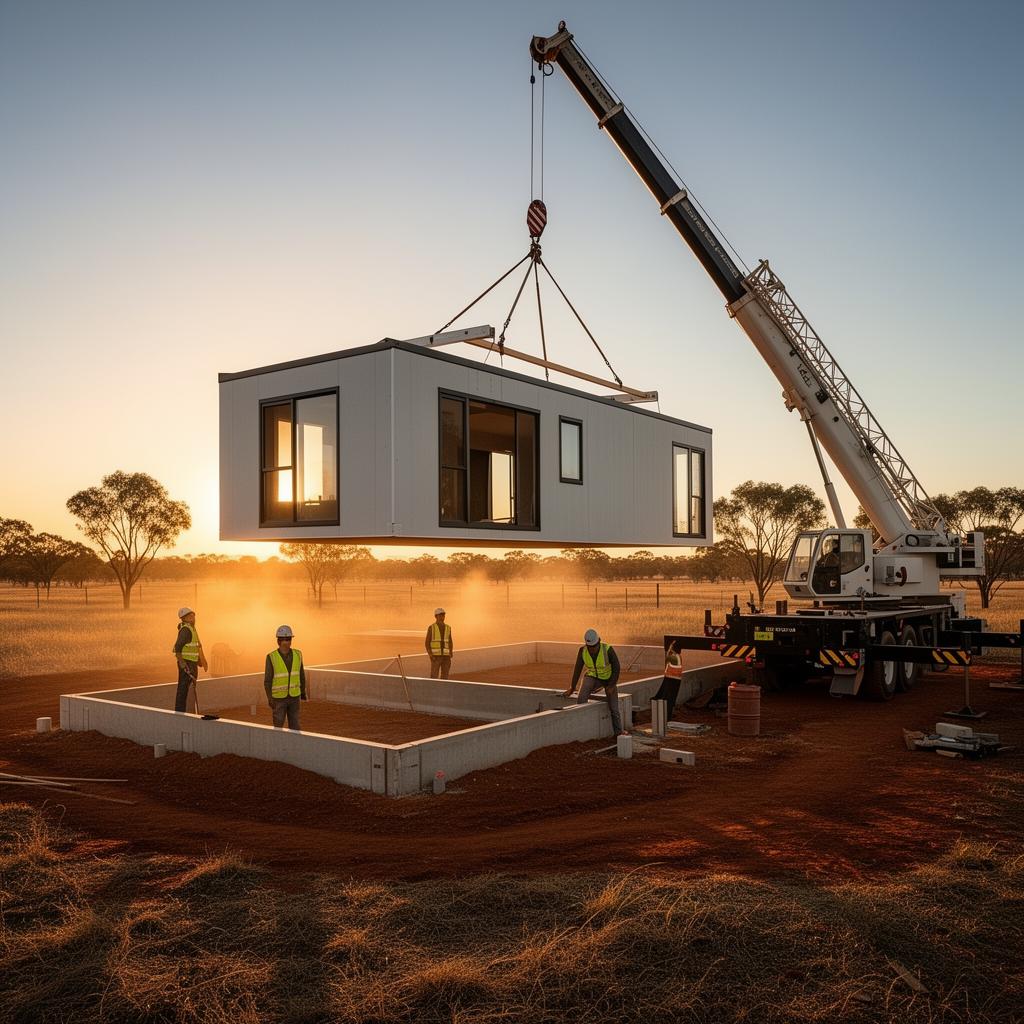 Modular home being installed at sunrise